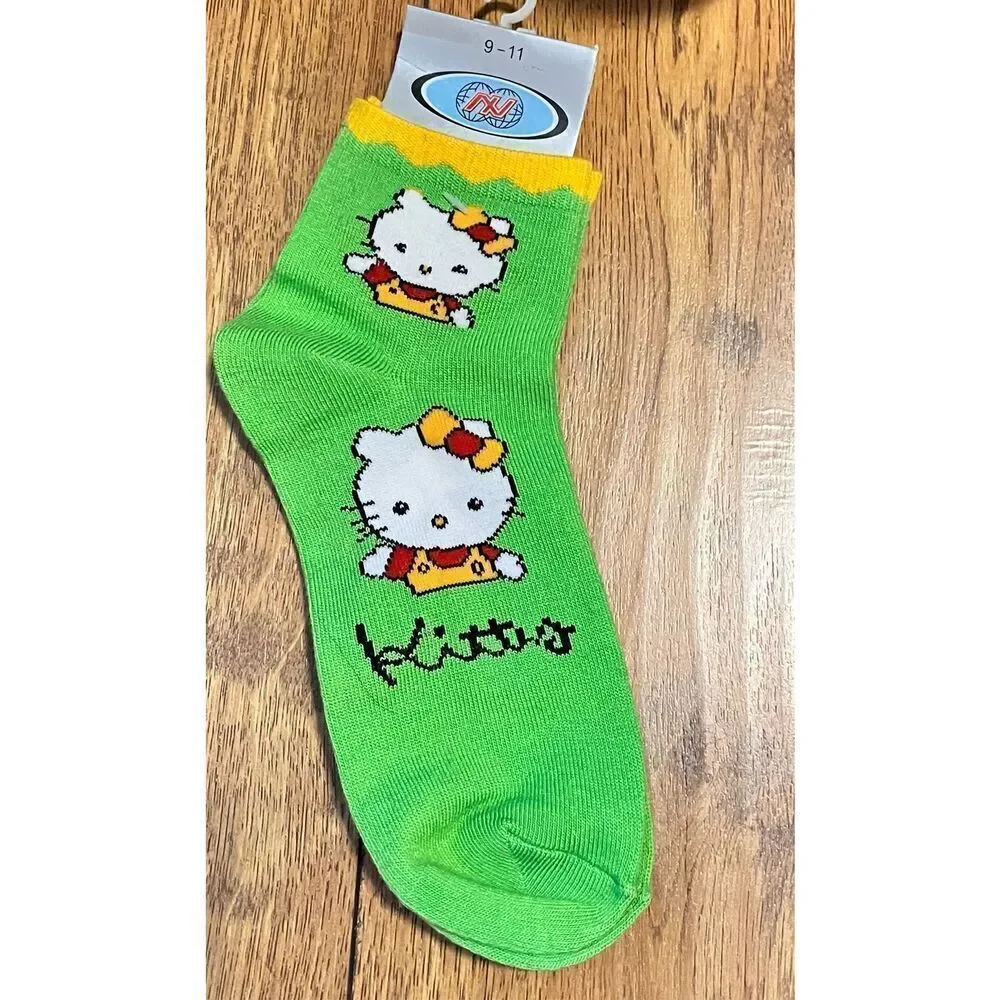 Brand New - 2-Pair Women’s Hello Kitty Ankle Socks Green Holiday and Yellow Ever
